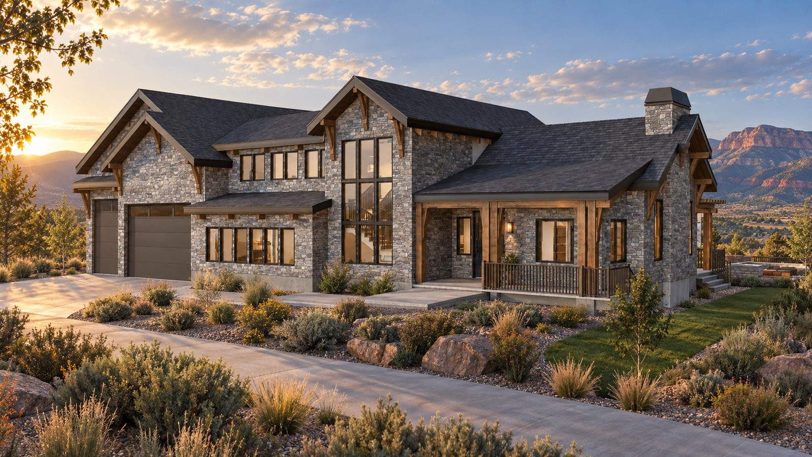 Photoreal render of a stone and timber mountain home at sunset with red-rock cliffs