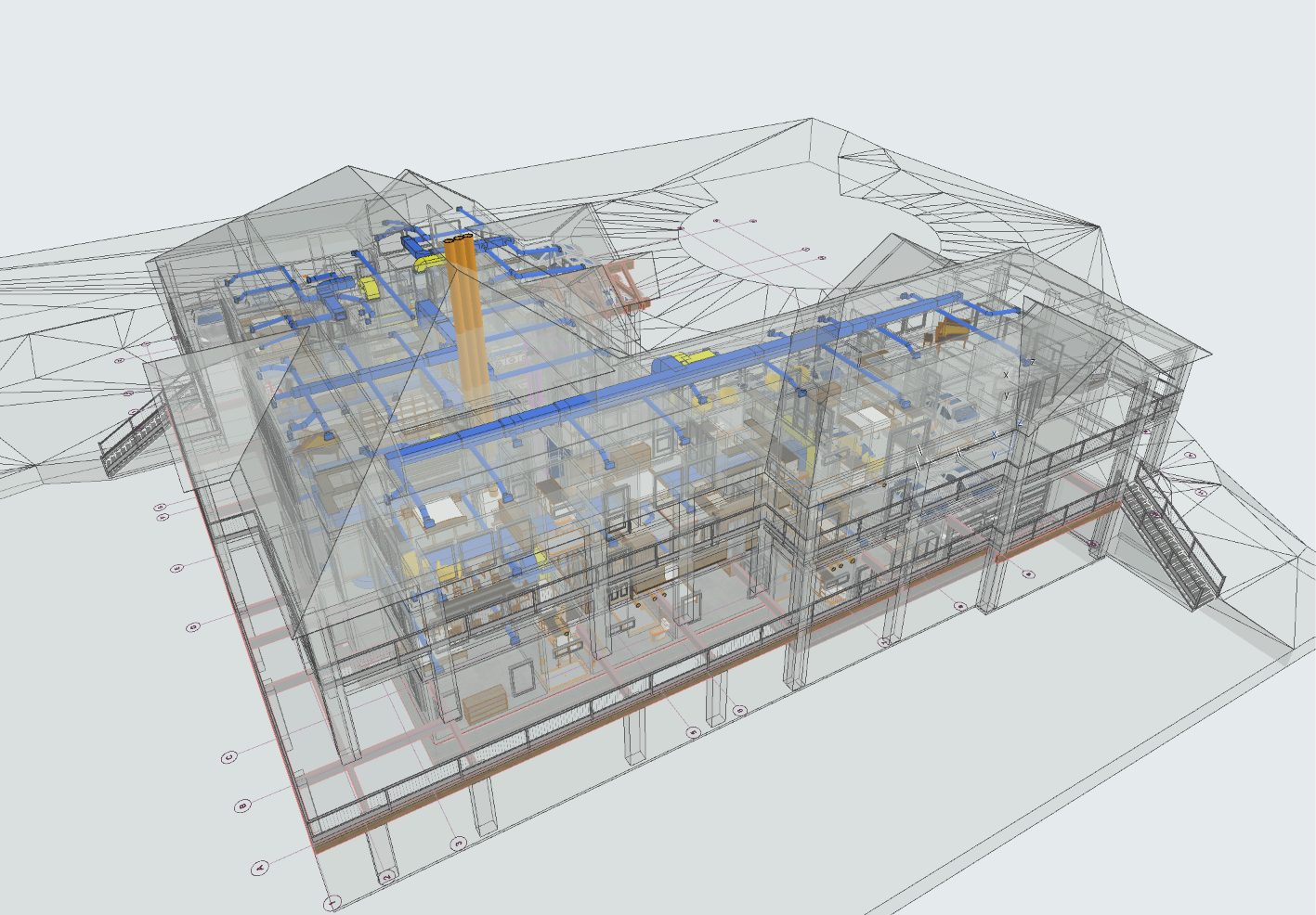 Translucent BIM model of a multi-story building showing blue ductwork and an orange flue