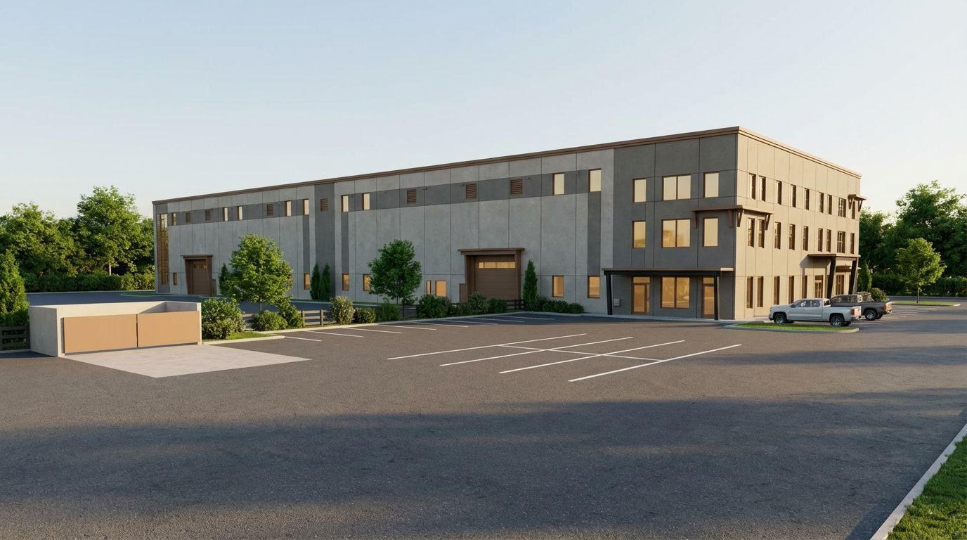 Daytime render of a two-story commercial building with trees