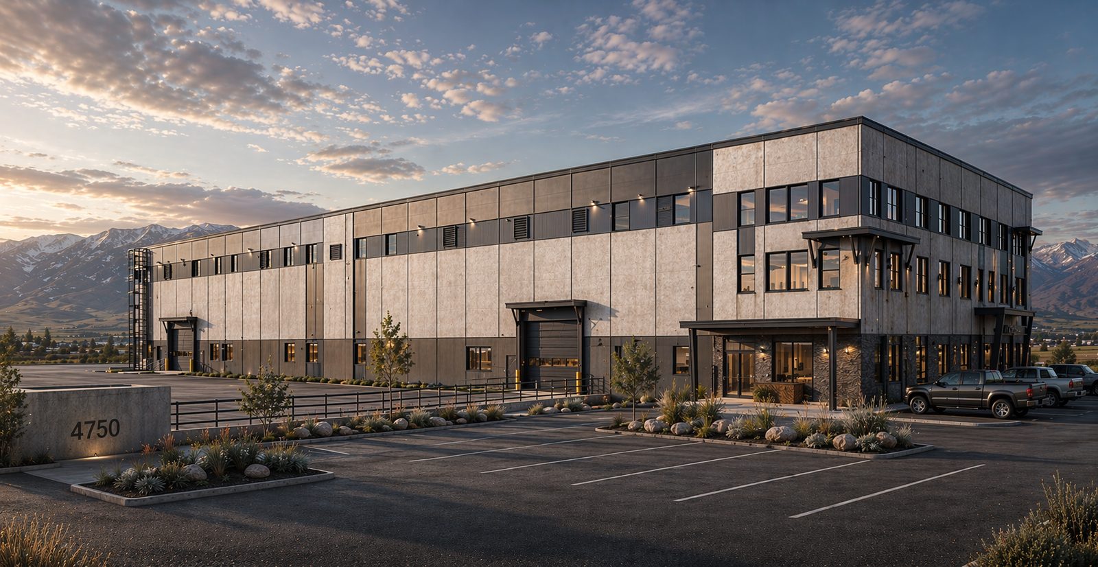 Render of a wood-clad commercial building with mountains